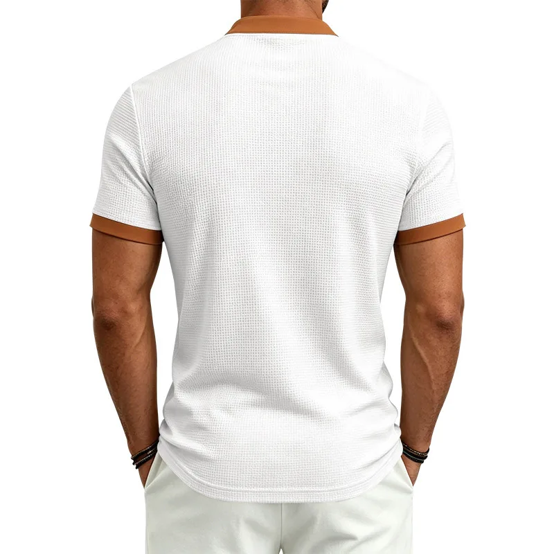 UNITIM Man Top Summer American Contrast Color Drawstring Men T-shirt Streetwear Stand Collar Short Sleeve Male Casual Tees