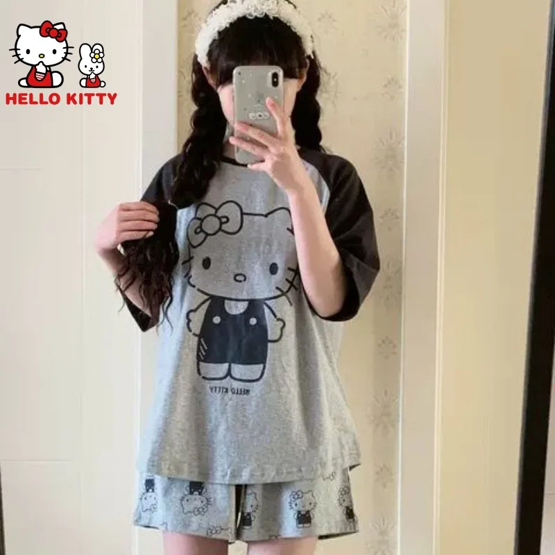 Hello Kitty Japanese Cute Sweet Cartoon Kawaii Pajamas Women Short-sleeved Home Suit Cotton Absorb Sweat Breathable Sleepwear