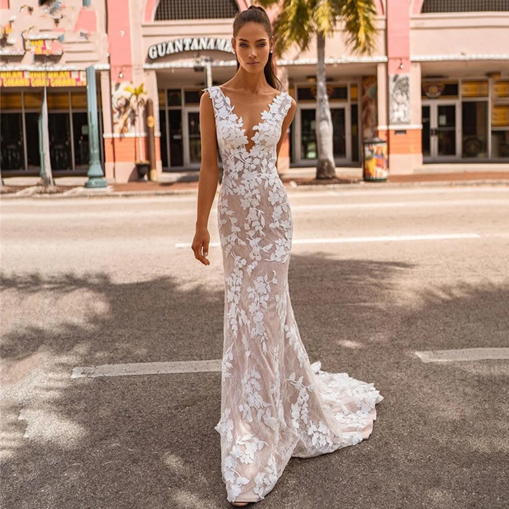 

Exquisite Mermaid Lace Wedding Dress for Bride Elegant Sleeveless V-Neck Backless Bridal Gowns with Sweep Train Robe De Mariée