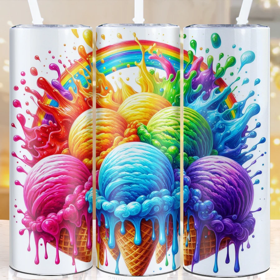 

20 унций праздничные прямые стаканы соломенной крышкой 3D принт Радуга и красочные кружки для мороженого из нержавеющей стали праздничный подарок для нее