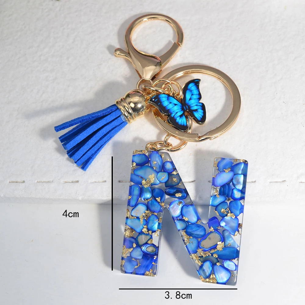 Blue Alphabet Initial Letter Keychain Cute Butterfly Resin Key Chain Ring Bag Backpack Charm Car Key Pendant Women Daily UseGift