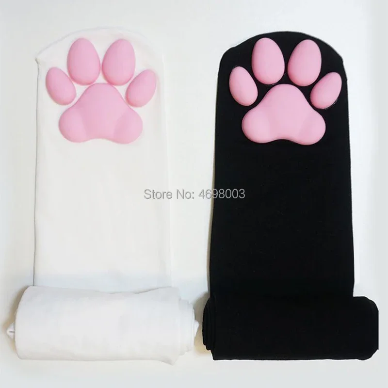 เข่า Kawaii 3D Cat Pad Kitten Paw ถุงเท้าสาว Lolita คอสเพลย์กำมะหยี่ Overknee ต้นขาสูงถุงน่องยาว60ซม.