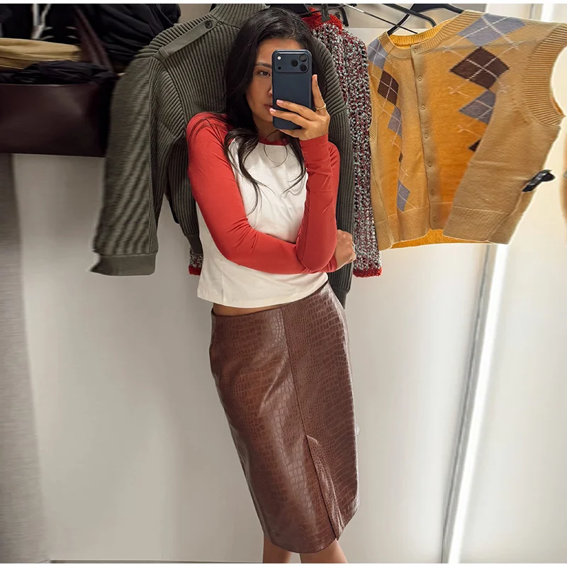 Crocodile Embossed Faux Leather Midi Skirt Front Slit High Waist Bodycon Pencil Skirt Women 2026 Autumn Vintage Fashion Outfit