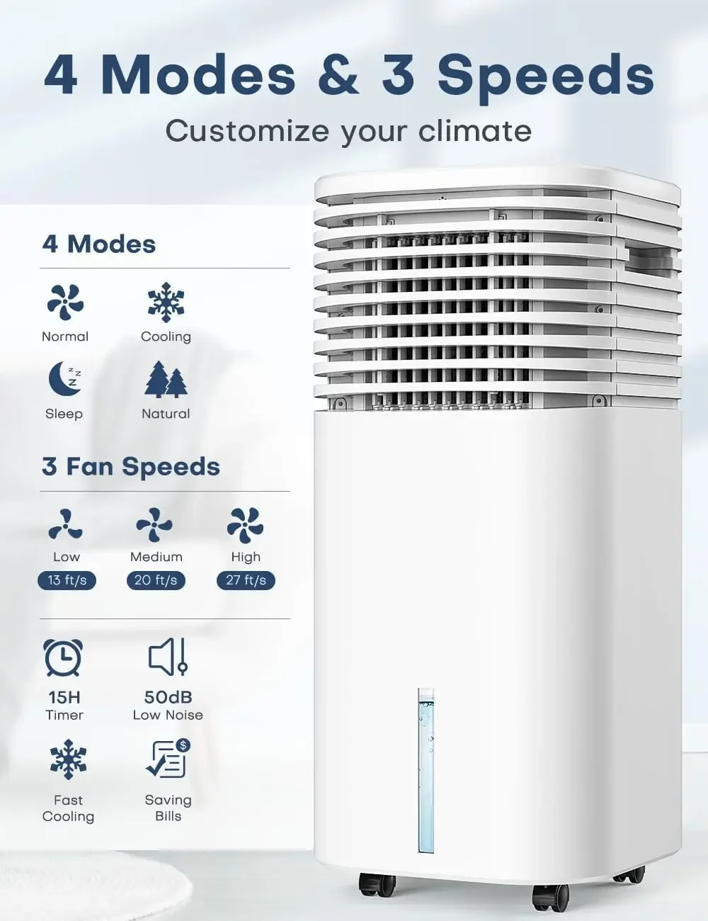 Tragbare 4-in-1-Klimaanlagen, Verdunstungsluftkühler mit 4 Modi und 3 Geschwindigkeiten, 15-Stunden-Timer für intelligente automatische Abschaltung, 2-Gall-Tank für 20 Stunden