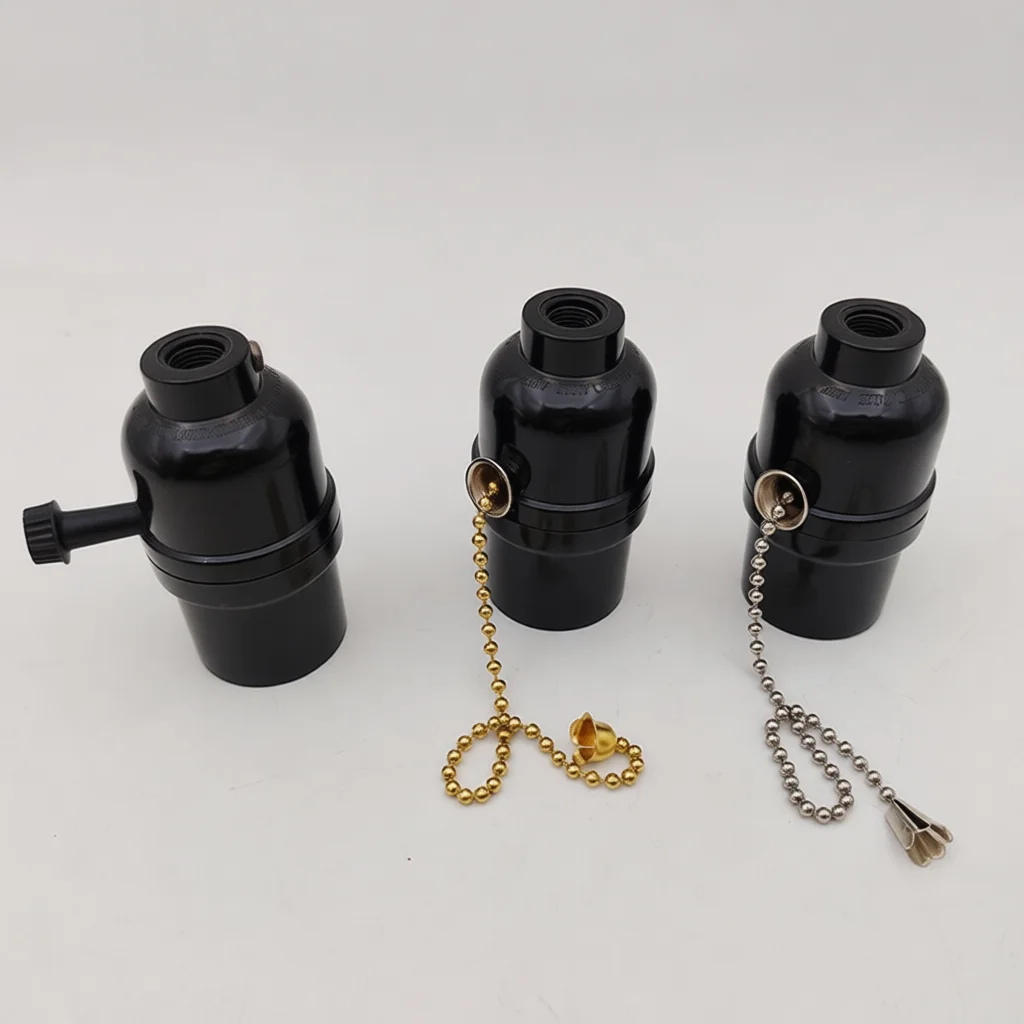 Black Bakelite E27 Light Socket With Pull Cord Switch Threaded Design Standard Screw Base For Home Desktop Lamp Repairing