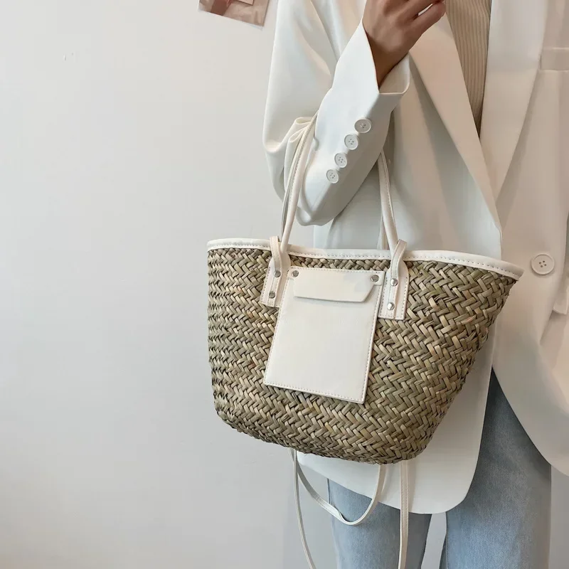 Women Straw Handbag 2024 Summer Beach Shopper Bags Luxury Design Large Woven Crossbody Bag Fashion Korean Hand Made Tote Handbag