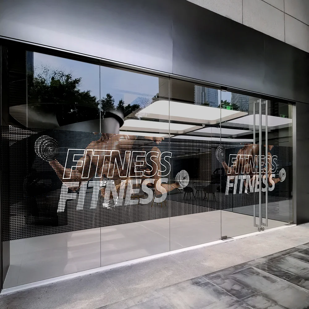 

QiAds custom made Strength sense gym waist line advertising glass film dot mesh semi-transparent window electrostatic shading mu