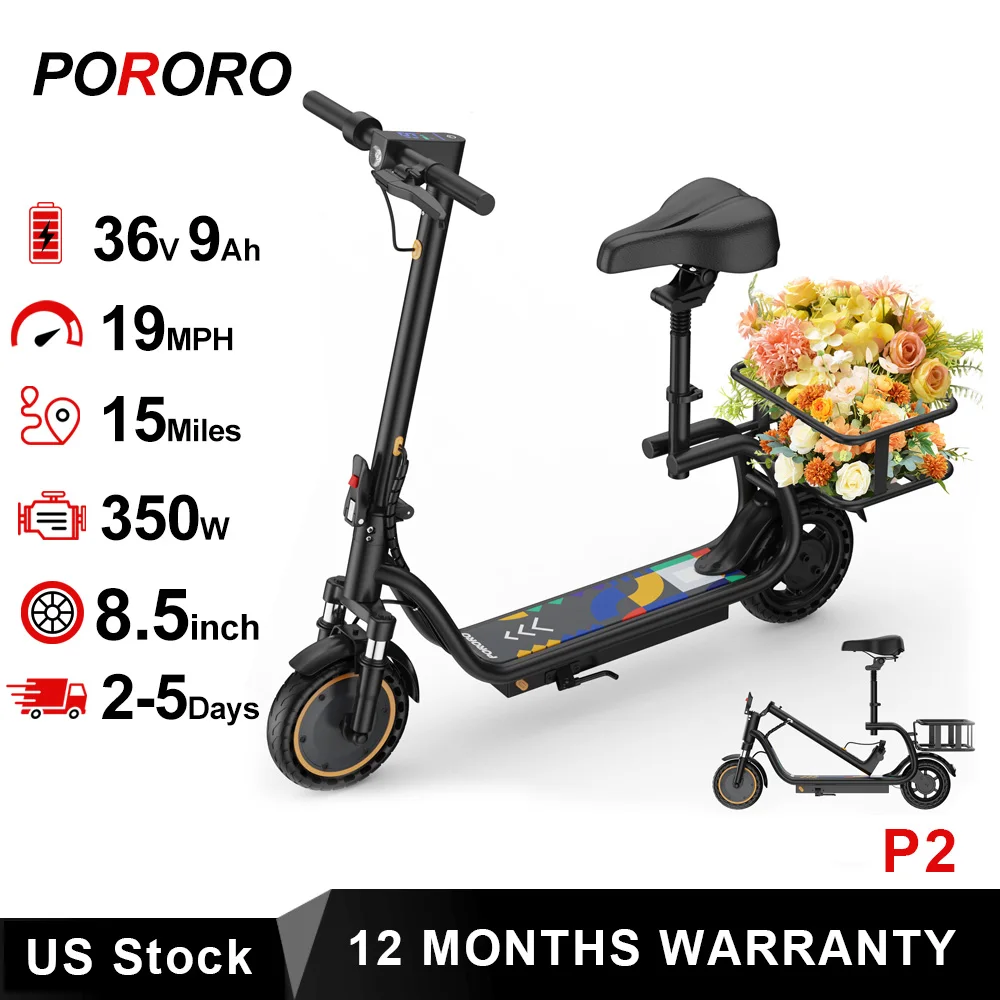 PORORO 8.5'' Electric Scooter with Seat & Basket,15miles Max Range,19MPH Max Speed,Foldable Adult E-scooter, LED Lights