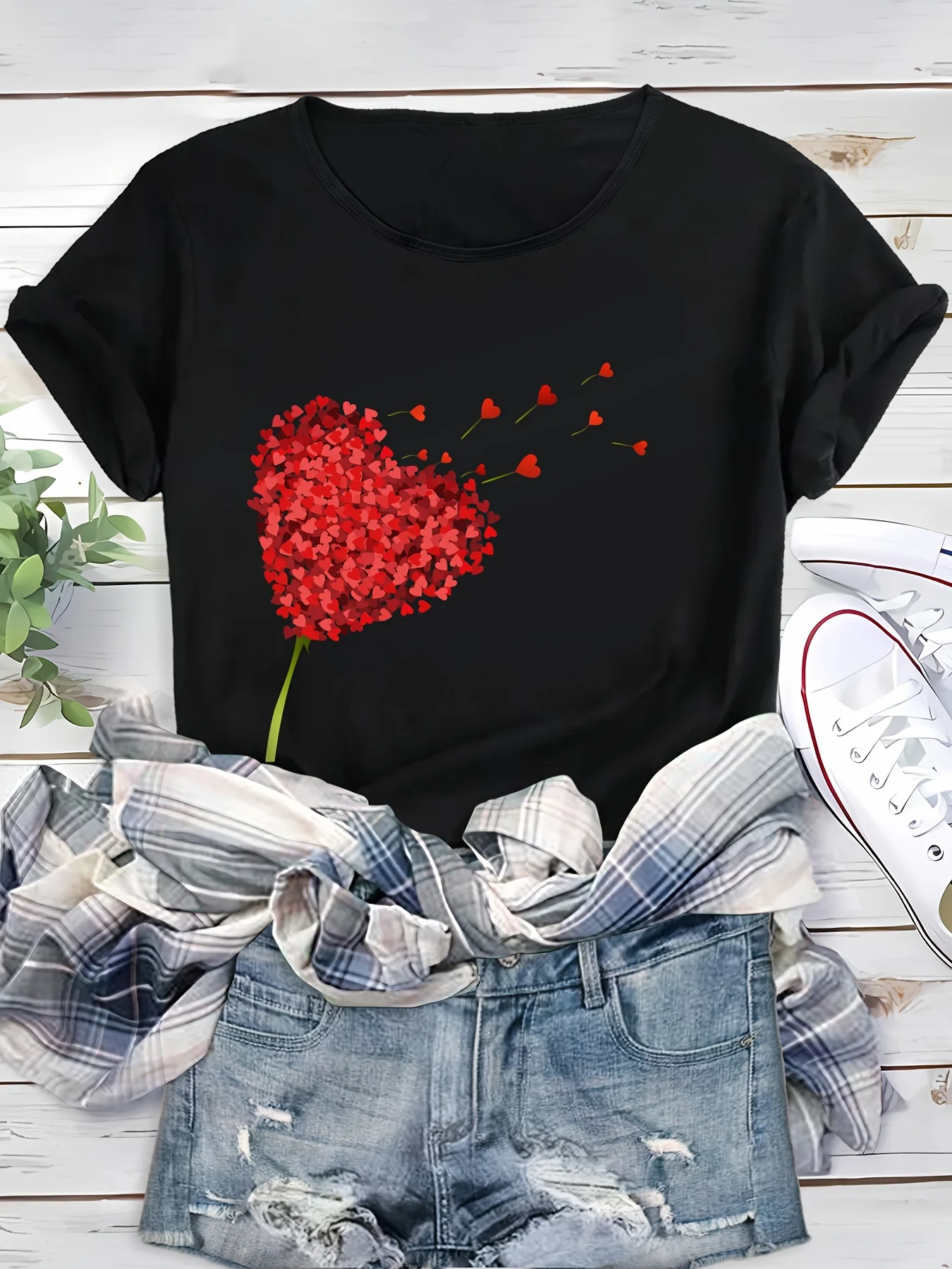 Round Neck Summer Stretchy Fabric Versatile Casual Ladies Playful Graphic Women's Casual Short Sleeve T-Shirt Dandelion Print