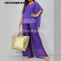 Summer Fashion Chiffon Sequin Two Piece Set Women Casual Loose Round Neck Bat Top Wide Leg Pants Two Piece Set Women