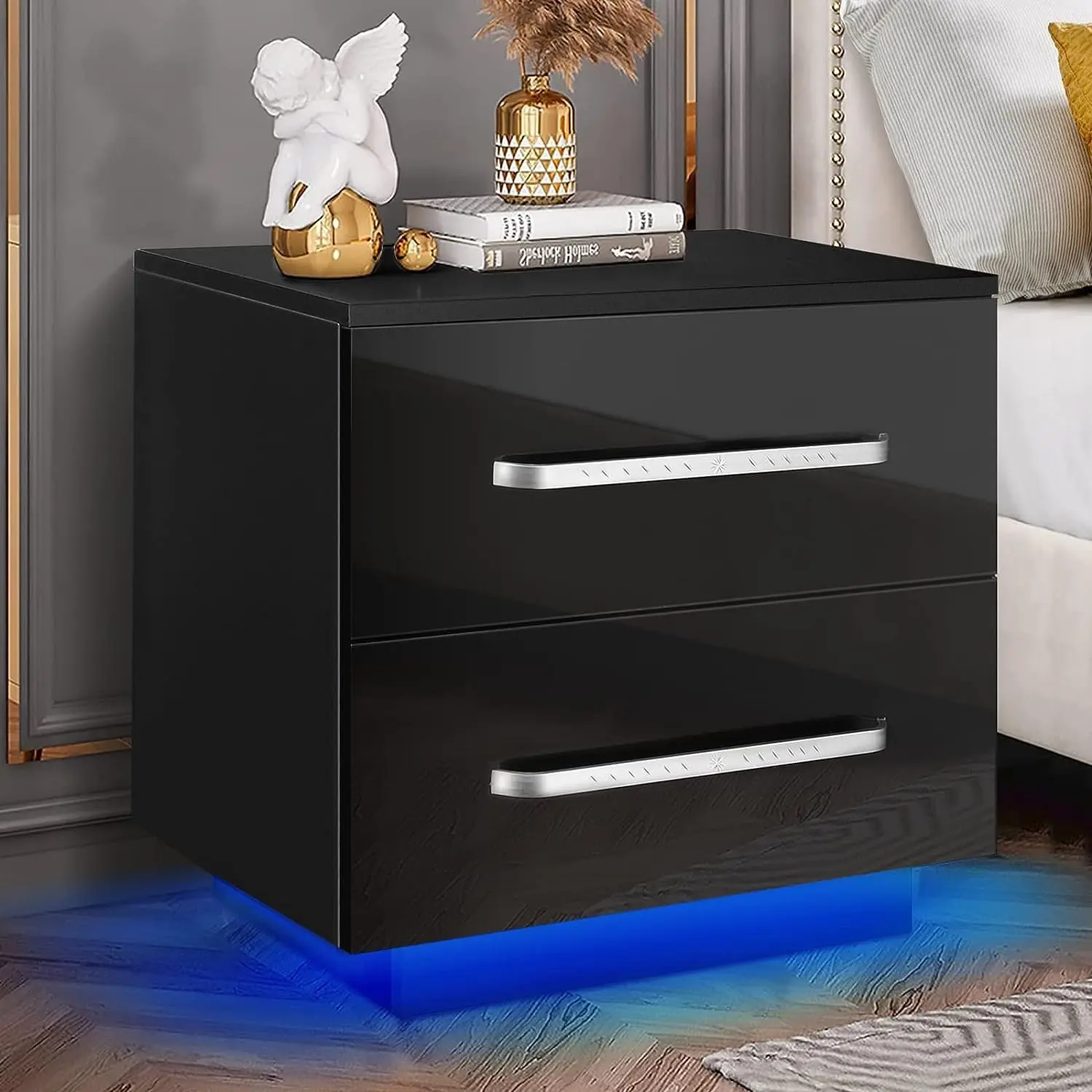 Pequena mesa de cabeceira LED de madeira, Nightstand moderno, Nightstand preto com luzes, 2 gavetas de alto brilho para quarto