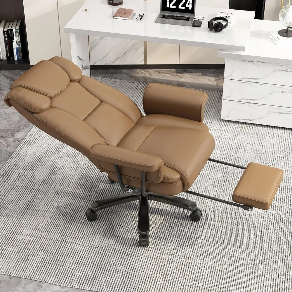 large 160° reclining office chair with wheels, high back, wide seat, armrests, footrest, brown
