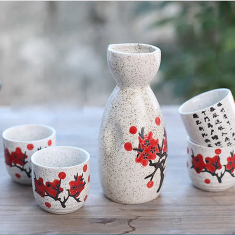 5pcs/set Ceramic Sake Pot Cups Set Flagon Liquor Cup Spirits Cups Set Japanese Bar Wine Set Flower Text Pattern Creative Gifts