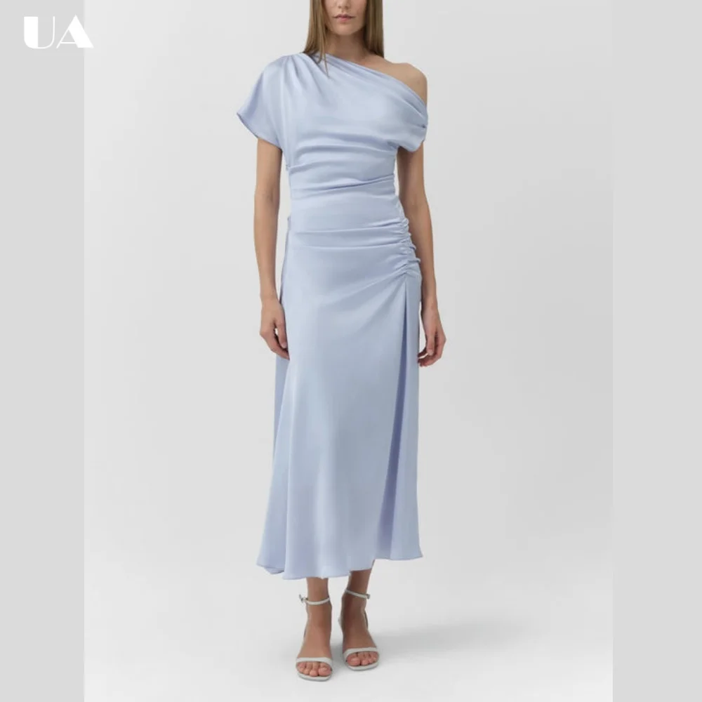 ULBYANRY Customized Satin Shirring Long Dress for Women Elegant Diagonal Collar Evening Dress Classy Solid Wedding Guest Dress