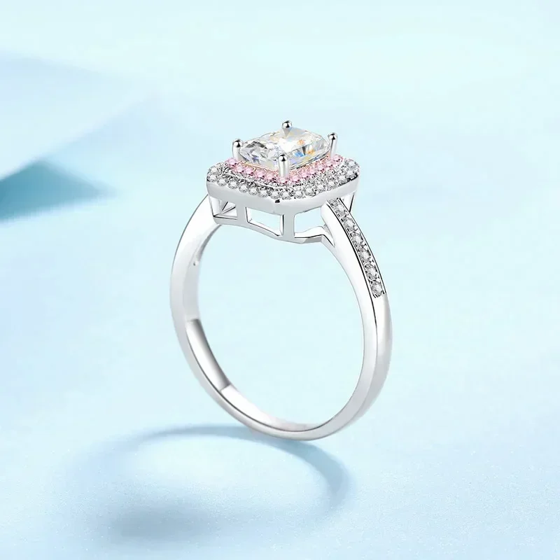 Sweet Temperament Pt950 Ring Gift for Girlfriends, Luxury 1 Carat Square Sugar Moissanite Pink Diamond Platinum Rings Jewelry