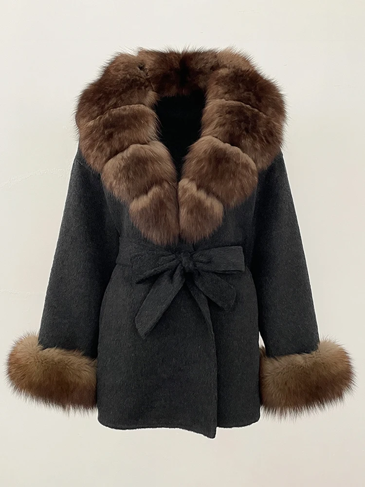 2025 New Winter Clothing Women Commute Belt Real Fur Wool Coat Female Fashion Outerwears Natural Fox Fur Woolen Jacket