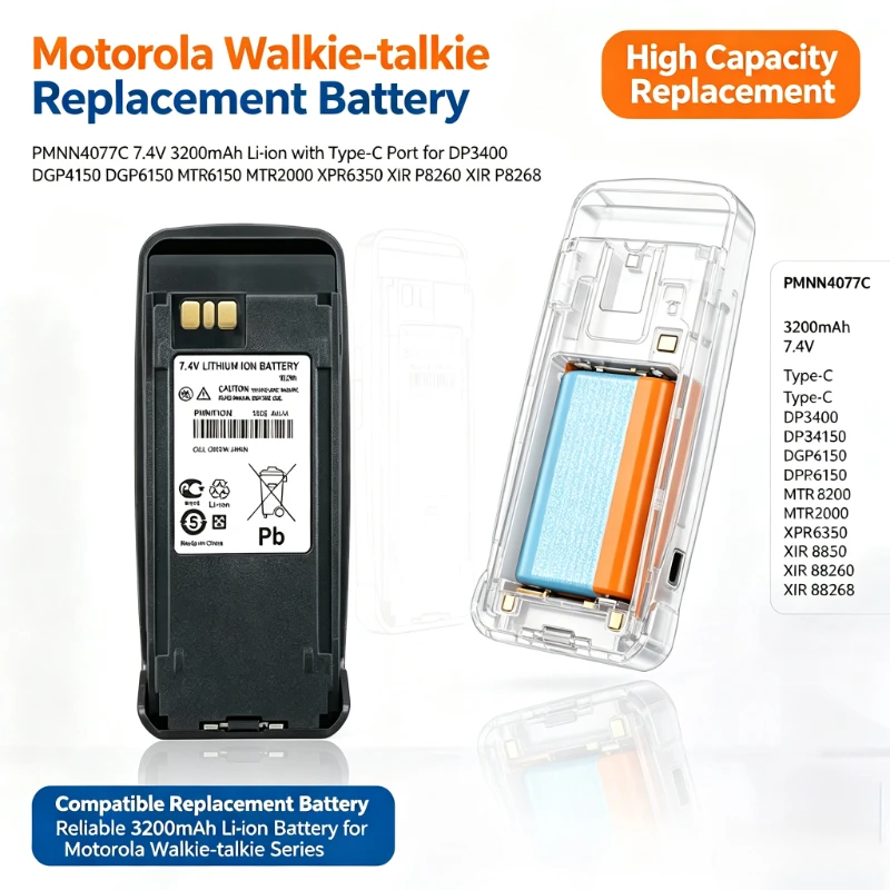 PMNN4077C 7.4V 3200mAh Walkie-talkie Battery Type-C Port for Motorola DP3400 DGP4150 DGP6150 MTR2000 XPR6350 XiRP8260 XiRP8268