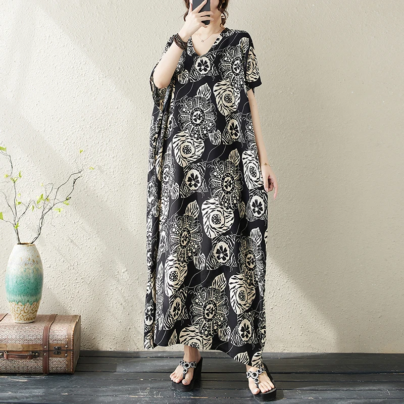 Damen-Kleid mit V-Ausschnitt, Blumendruck, schlankmachend, künstlerisch, Retro, Urlaub, lang, Dr. Baumwolle, Seide, Übergröße, ultralanges Kleid, Pendeln, hohe Damen...