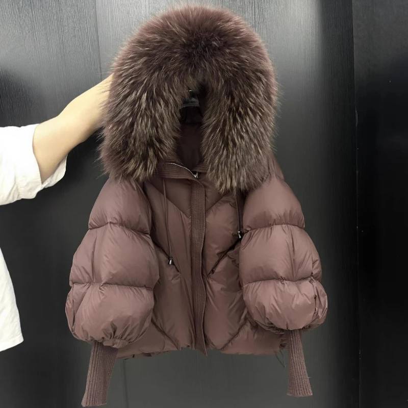 

2025 New Winter Fur Hooded Puffer Jacket Women Thicken Warm Knitted Sleeve Coat White Duck Down Mid Long Parka Outerwear