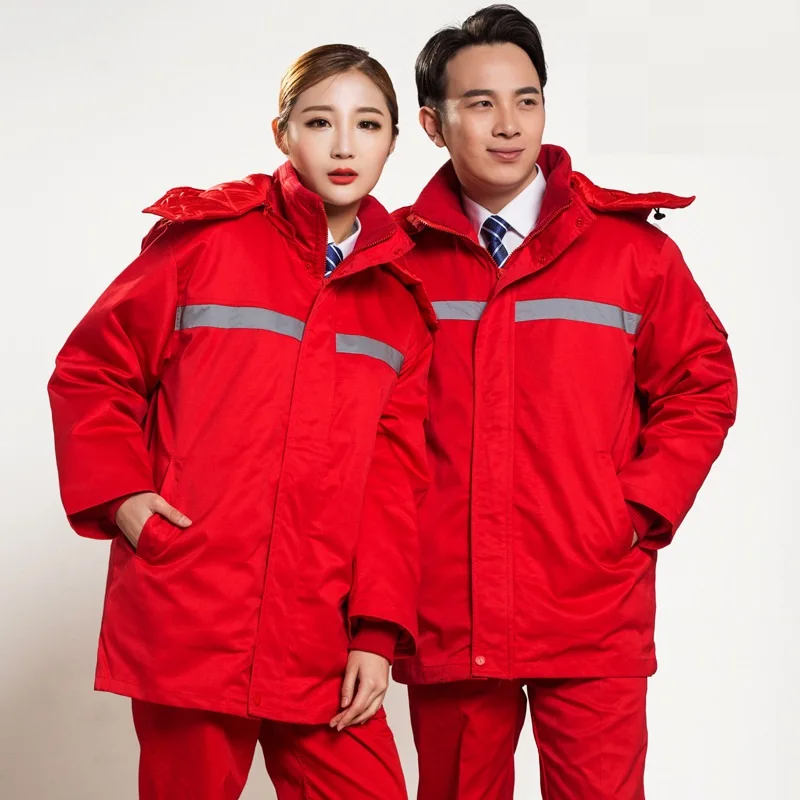 Winter Work Clothes Hi Vis Cotton Padded Thermal Hooded Jacket Trousers Warm Anti Static Gas Station Working Uniform Coveralls