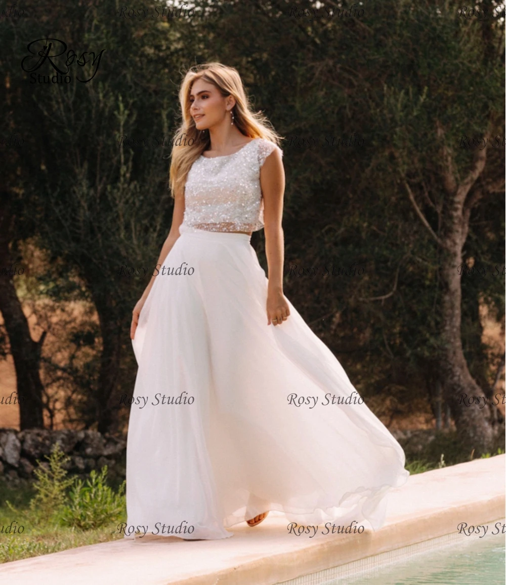 Gorgeous Two Pieces Beach Wedding Dresses 2in1 White Ivory Beaded Top Boho Bridal Gown Customized Vestido de Novia