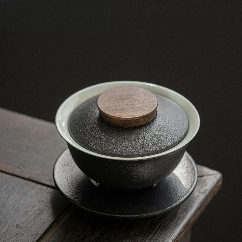 

200ml Japanese Style Black Pottery Gaiwan Ceramic Tea Bowl Household Coarse Pottery Hand Grasp Bowl Kung Fu Tea Set Tea Cup Gift