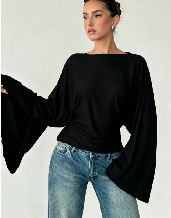 Top Casual de Manga Larga en Color Sólido a la Moda con Pantalones Acampanados que Ajustan la Cintura para un Estilo Versátil