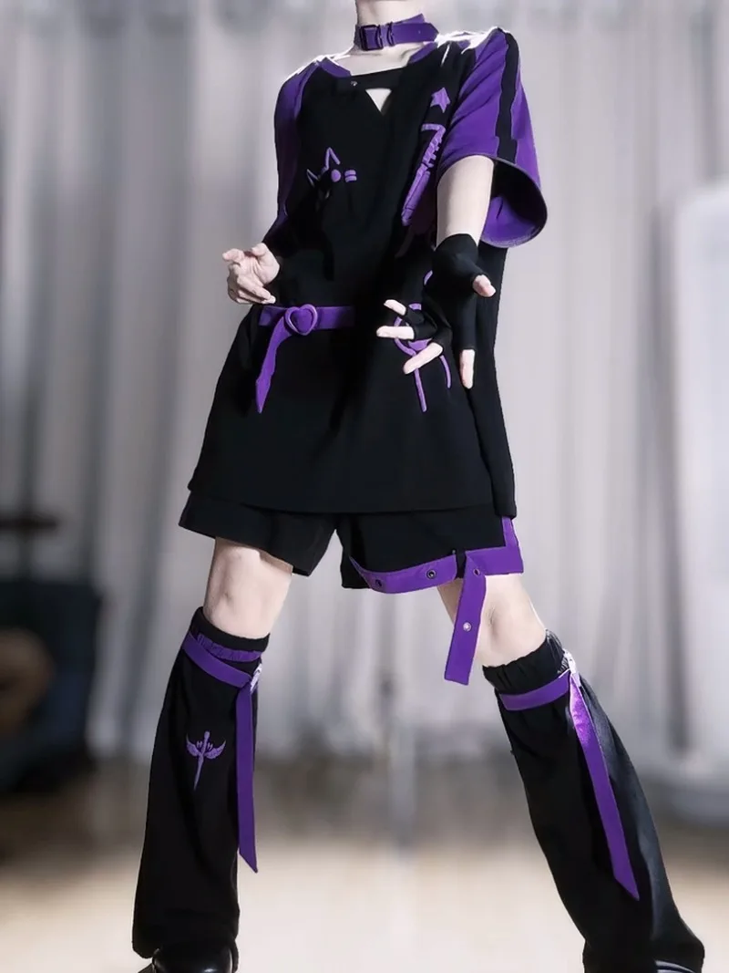 Japanischer Stil Coole Y2k Cosplay Delinquent Girl Abnehmbares T-Shirt Shorts Beinabdeckungen Set Gothic Freizeitkleidung Themenparty-Outfits – Detail 6