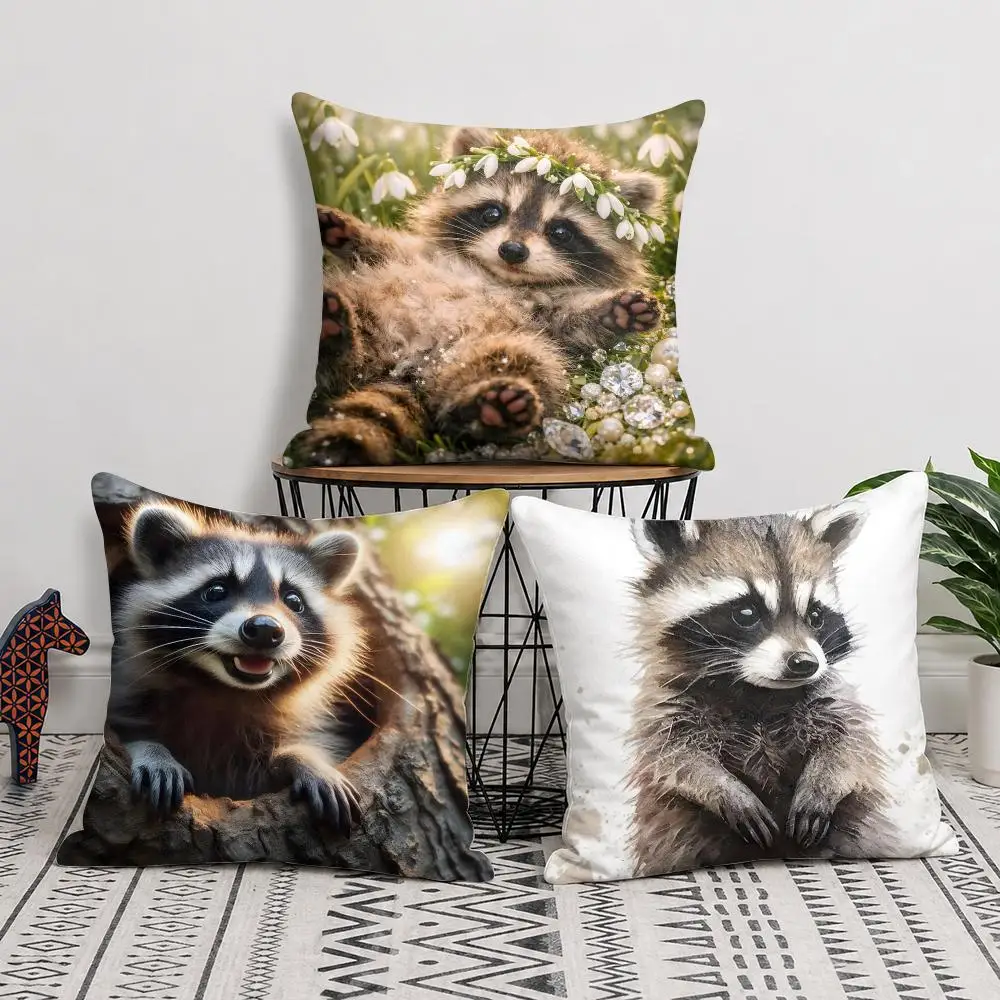 Cute Raccoon Artwork Cushion Cover Soft Short Plush Pillow Cover Smooth Cozy Texture Cushion Case Home Decor