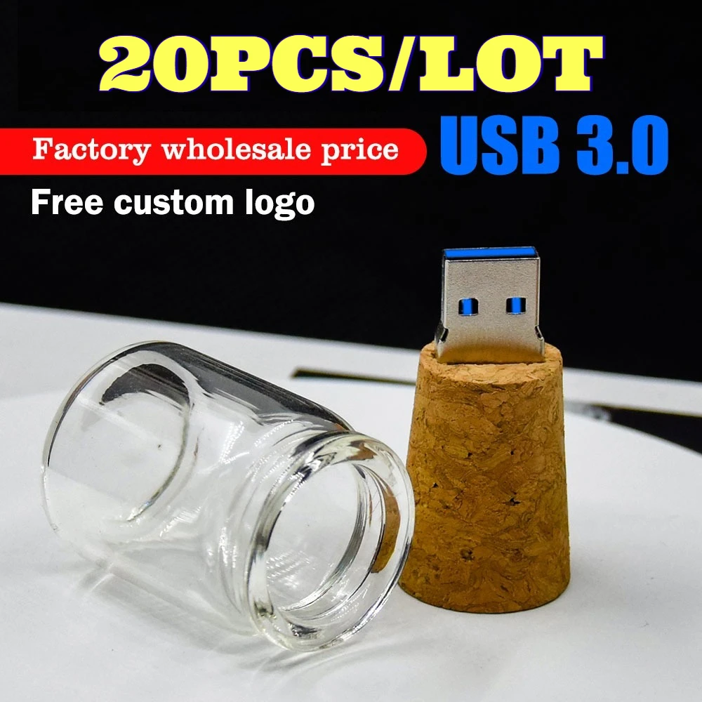 20pcs USB 3.0 flash drive 8GB 16GB 32GB 64GB glass memory stick drifting bottle U disk wood box + wishing bottle wedding gift