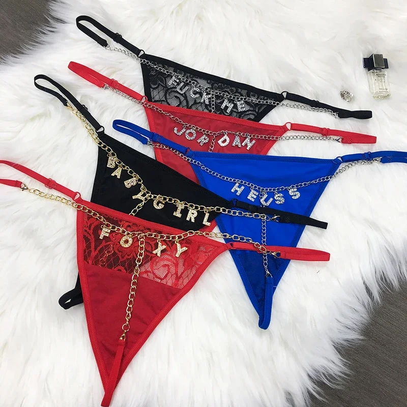 Custom Thong Name Women Personalized G-String Panties Crystal Letters Sexy tanga Underwear Bikini Waist Chain Girlfriend Gift