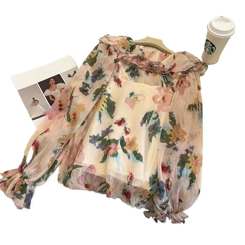

Spring Chiffon Design Sense Double-layer Ruffled Floral Print Lovely Sweet Lantern Sleeve Lightweight Vintage Chic Shirt Blouses