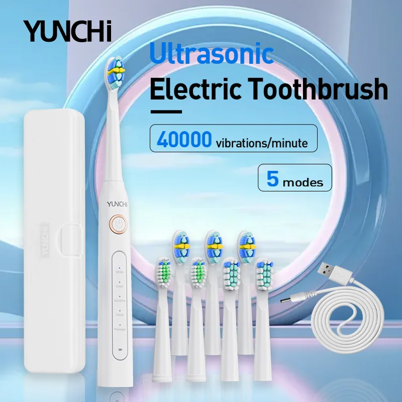 

YUNCHI Adult electric toothbrush set with 5 operation modes and 40000 high-frequency vibrations.USB charging, waterproof