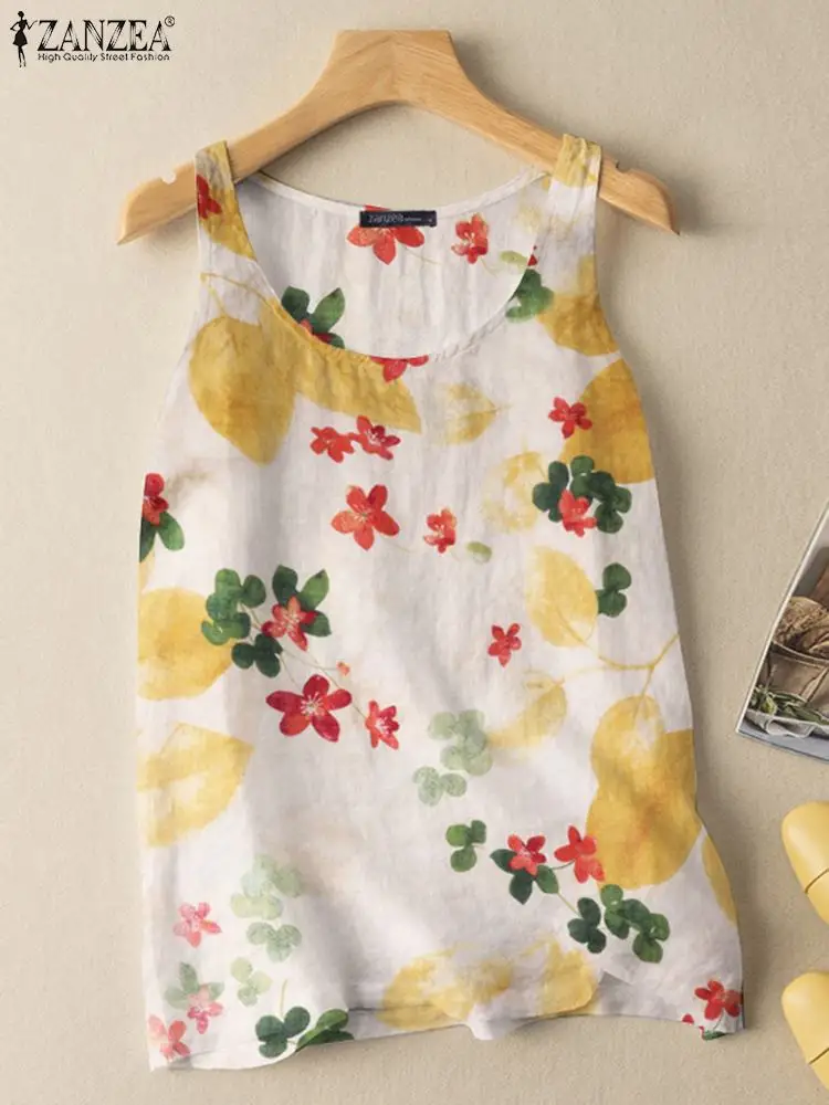 ZANZEA Summer Vintage Floral Printed Blouse Women Sleeveless Tanks Tops Bohemian Beach Holiday Shirt Casual Loose Blusas Chemise