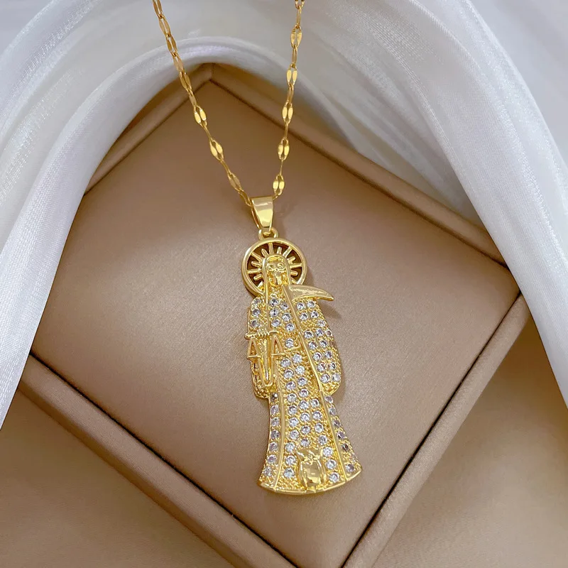 Hip Hop Zircon Crystal Grim Reaper Holy Death God Skull Sickle Men Necklace Stainless Steel Necklaces Jewelry Gift Santa Muerte