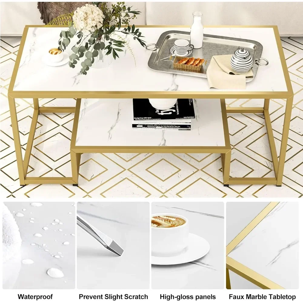 3 Piece Modern Marble Coffee Table Set, Coffee Table&2 Side Table with Gold Metal Frame and Storage Shelf,Living Room Table Sets