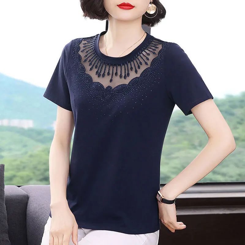 Female Clothing Stylish Diamonds T-shirt Embroidery Sexy Gauze Hollow Out Spliced Summer Casual Short Sleeve Straight Pullovers