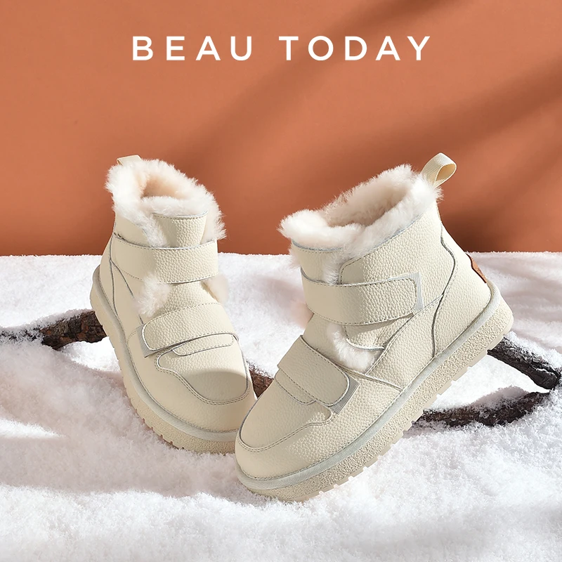 BEAUTODAY Snow Boots Women Solid Color Round Toe Hook & Loop Furry Lining 2023 Ladies Trendy Winter Shoes Warm Handmade 08041