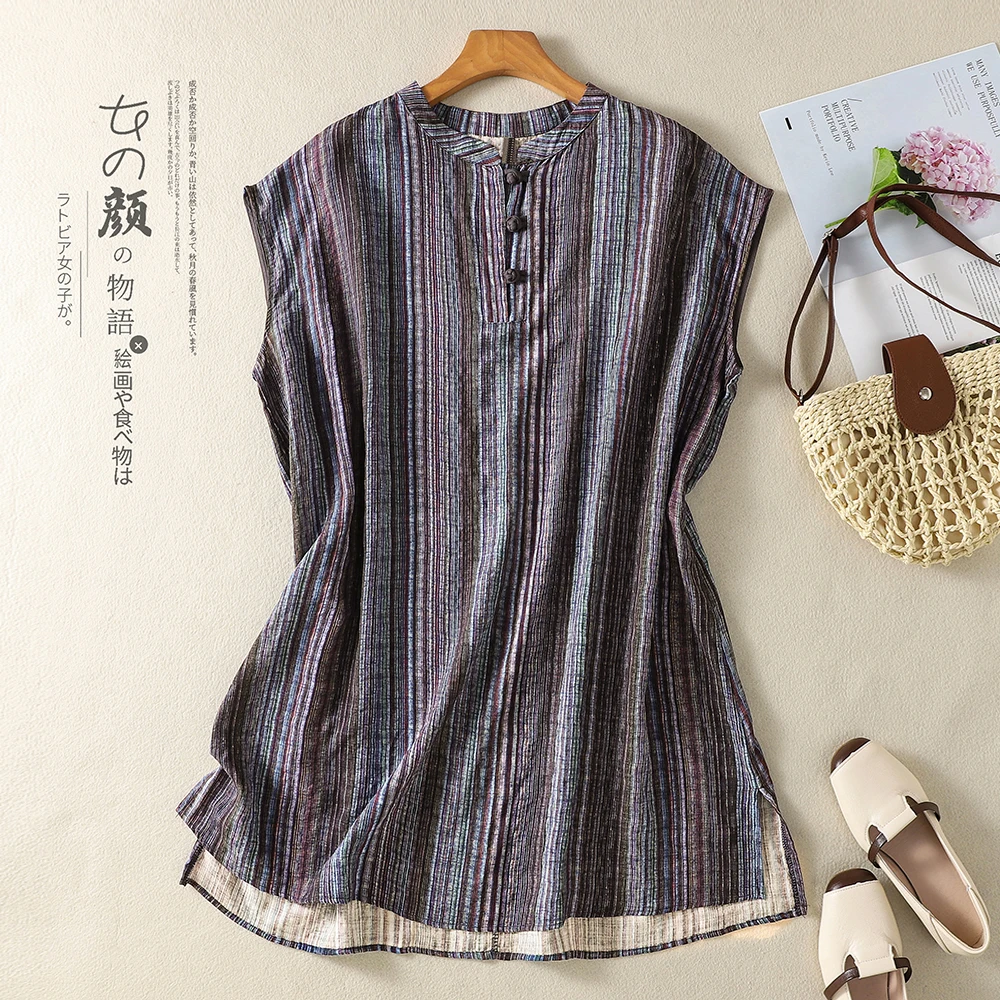 

Chinese Style Button up Cotton Polyester Texture Sleeveless Midi Shirt Women Summer Loose plus Size Retro A-Line Shirt Dress