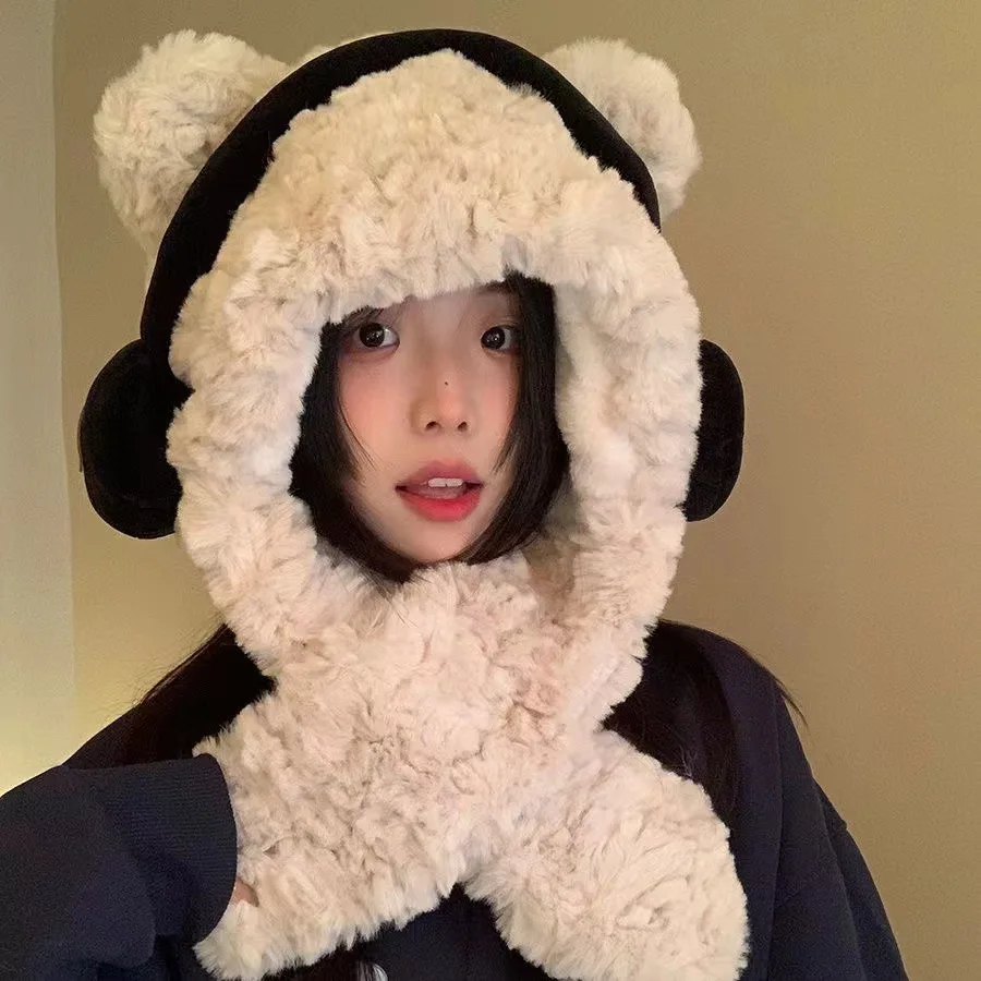 conjunto-de-gorro-e-cachecol-de-pelucia-quente-e-grosso-com-orelhas-de-urso-peca-Unica-corta-vento-estilo-lei-feng-para-mulheres-outono-inverno-A-prova-de-frio-para-uso-externo