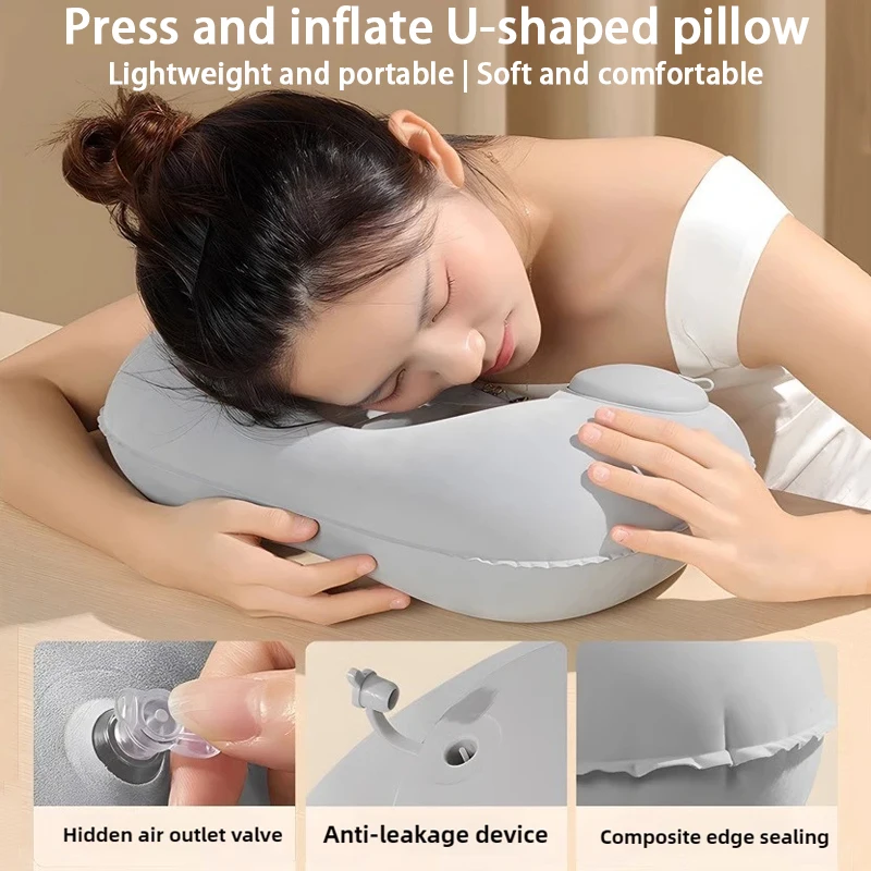

1pc New U-shaped pillow press automatic inflation portable folding travel neck pillow airplane pillow outdoor inflatable pillow