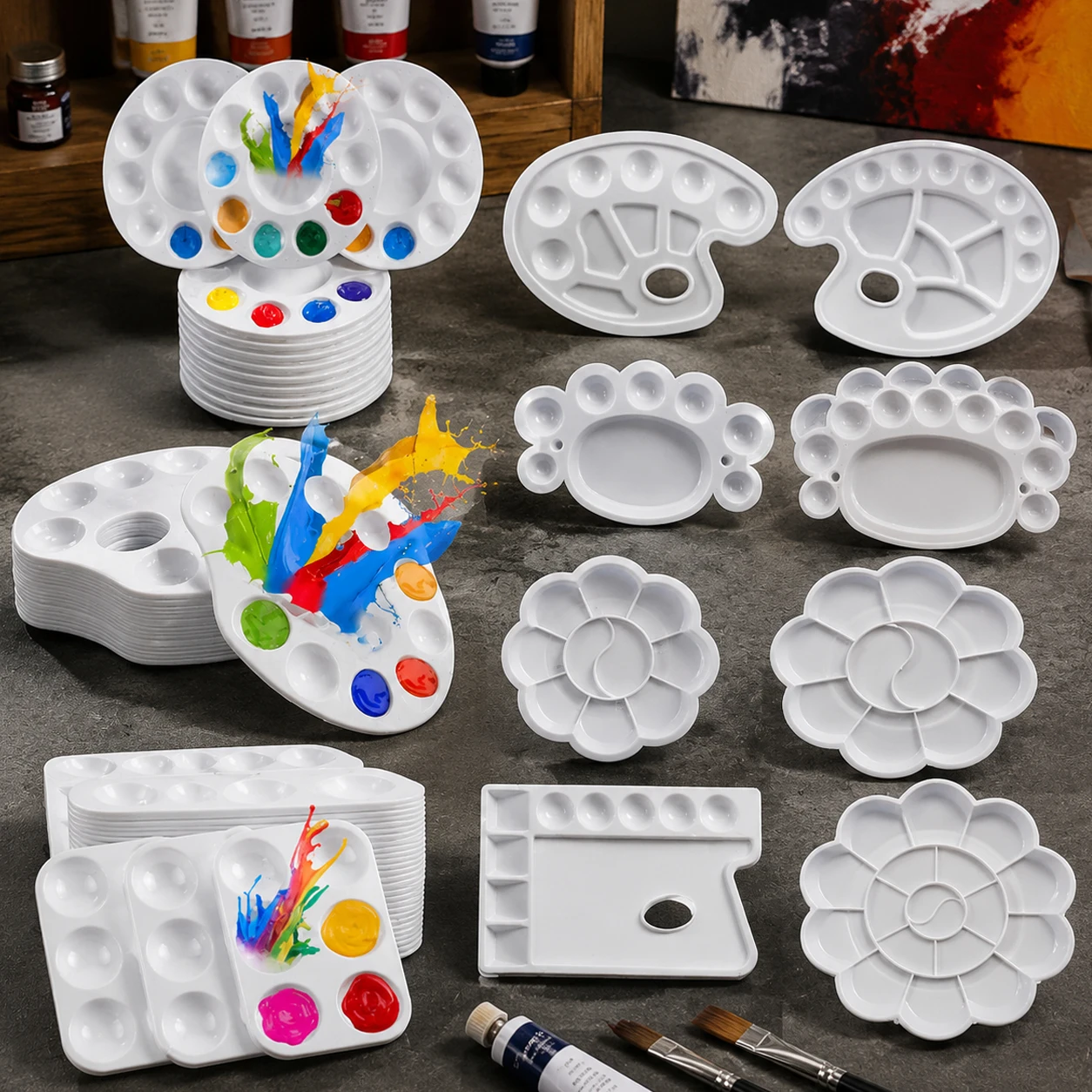 Assorted Artist Paint Palettes – Foot/Shaped, Floral, Round, Rectangular & Oval Trays + 30PCS Brush Set for Studio Painting TMZ