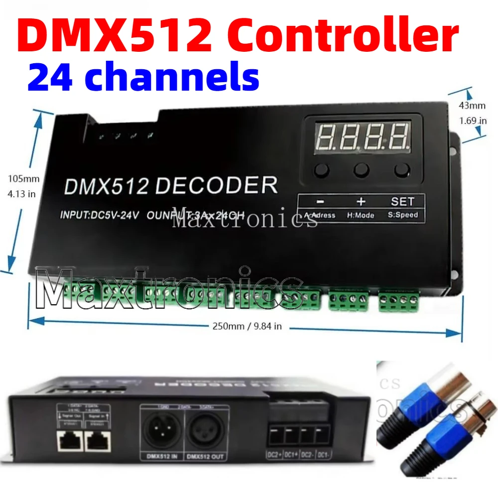 DMX512 Controller 24 Channel DMX Decoder with RJ45 and XLR Plug For Decoder 72A DMX LED Dimmer Driver DC12V-24V RGB Strip Light