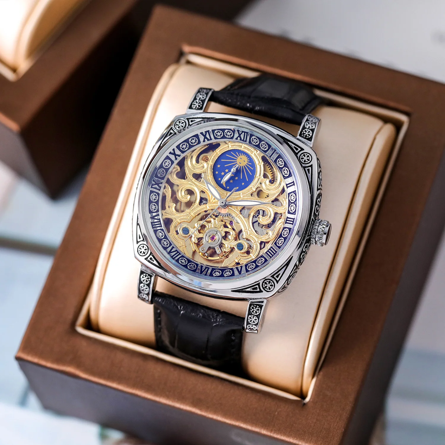 New Stainless Steel Gold Full Skeleton Moonphase Luminous Waterproof Genuine Leather Strap Self-Wind Automatic Watch for Men