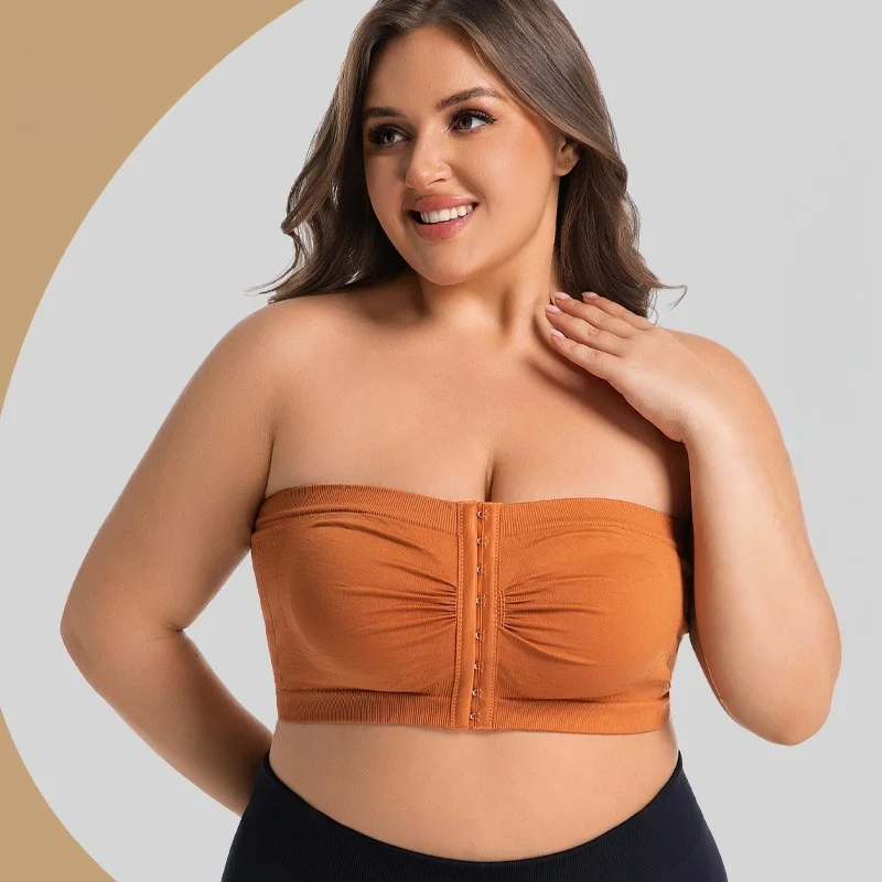Women's Plus Size Strapless Front Closure Bandeau Bra Seamless Wireless Bralette Tube Top Non-Slip Everyday Brassiere Basics Y2K view 6