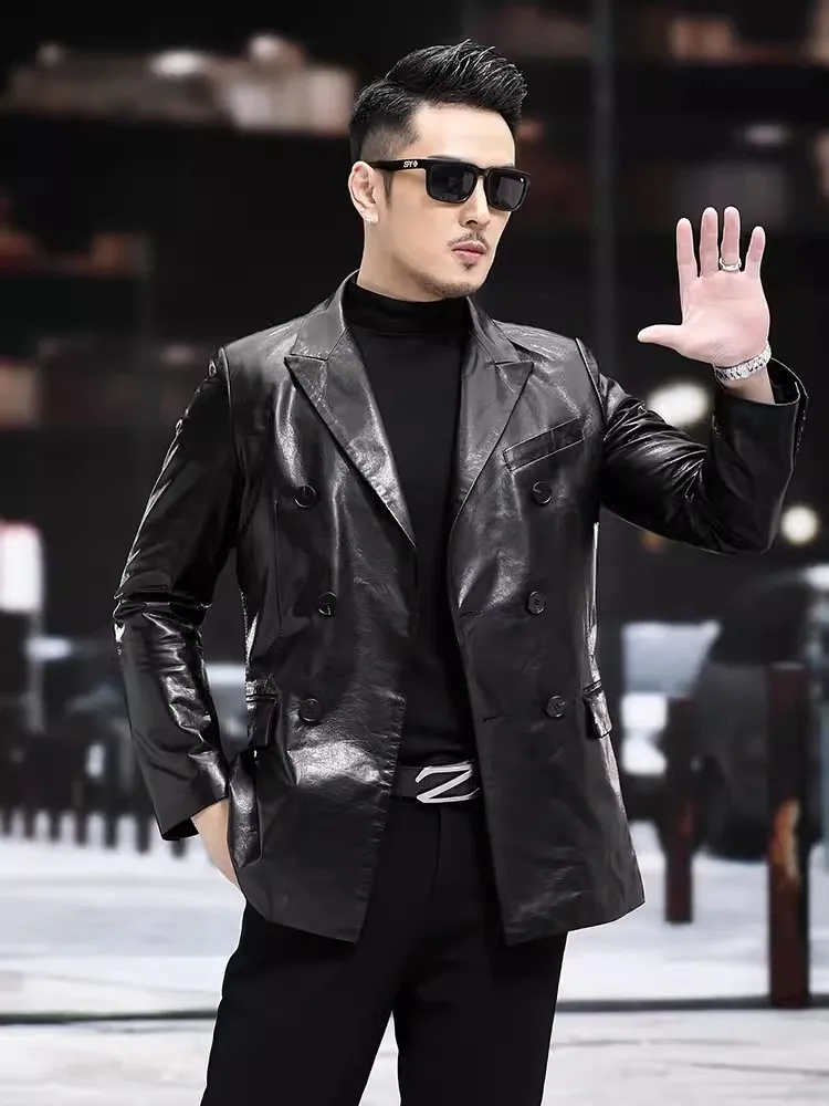 Autumn New Business Men Work Double Breasted Blazer Outerwear100% Real Goatskin Suit Coat Luxury Oil Wax Genuine Leather Jacket