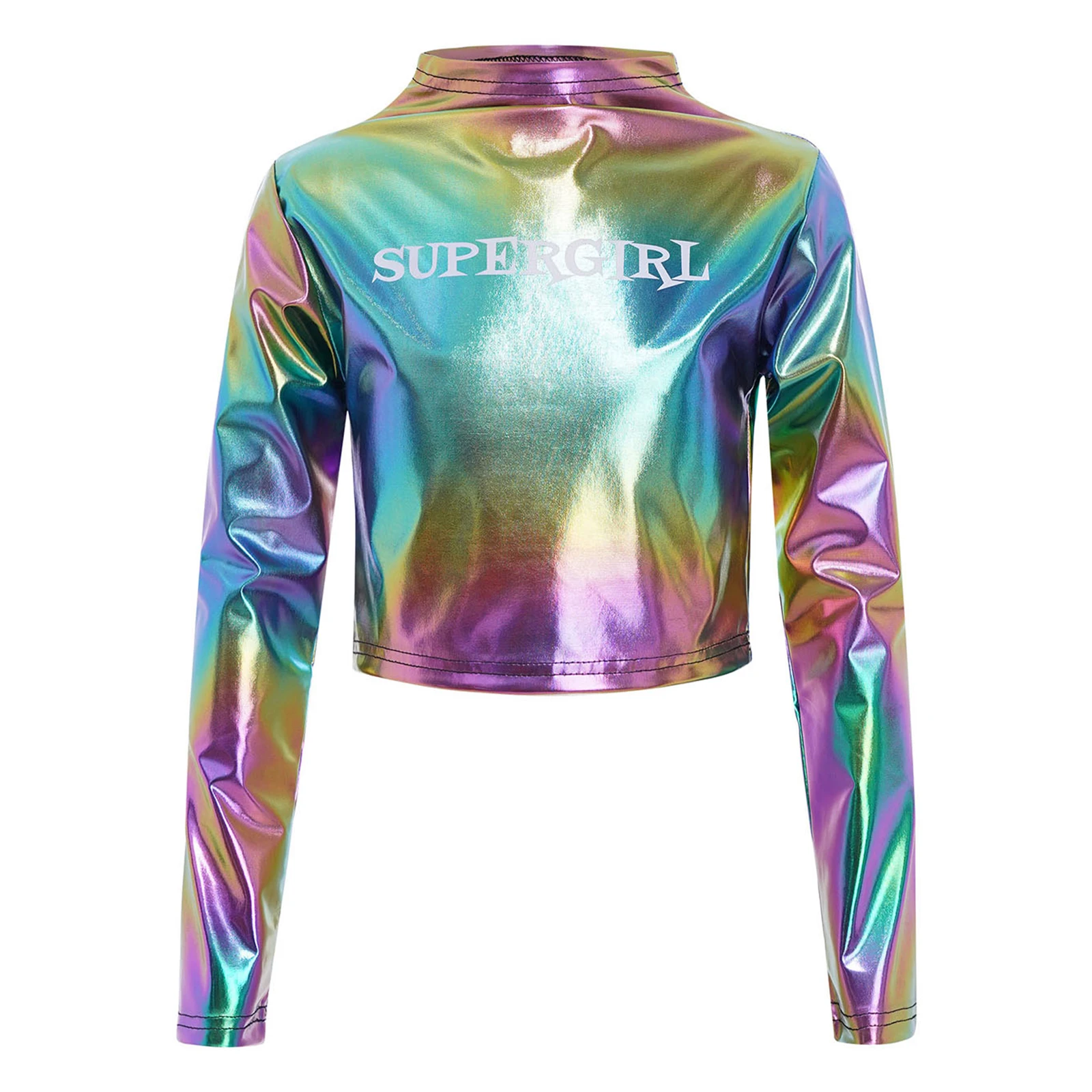 เสื้อครอปแขนยาวพิมพ์ลายตัวอักษรสำหรับเด็กผู้หญิง แนวฮิปฮอป แจ๊สแดนซ์ คอทรงกลม แต่งกลิตเตอร์ สำหรับการแสดง