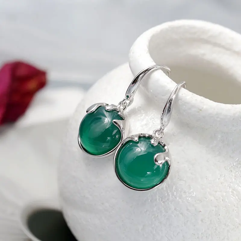 

Elegant Women 925 Sterling Silver Earring Inlaid Natural Green Agate Fashion Simple Styles Earring Minimalist Charm Jewelry Gift