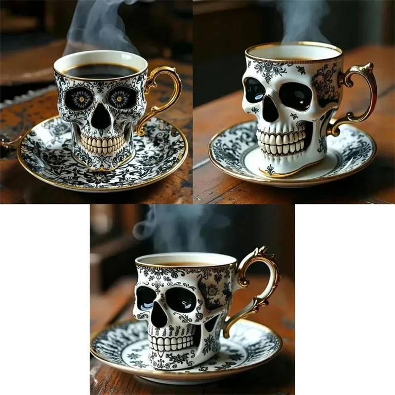 

Halloween Skull Resin Coffee Cup And Saucer Set Exquisite High-Grade Tea Cup with Gift Box for Household