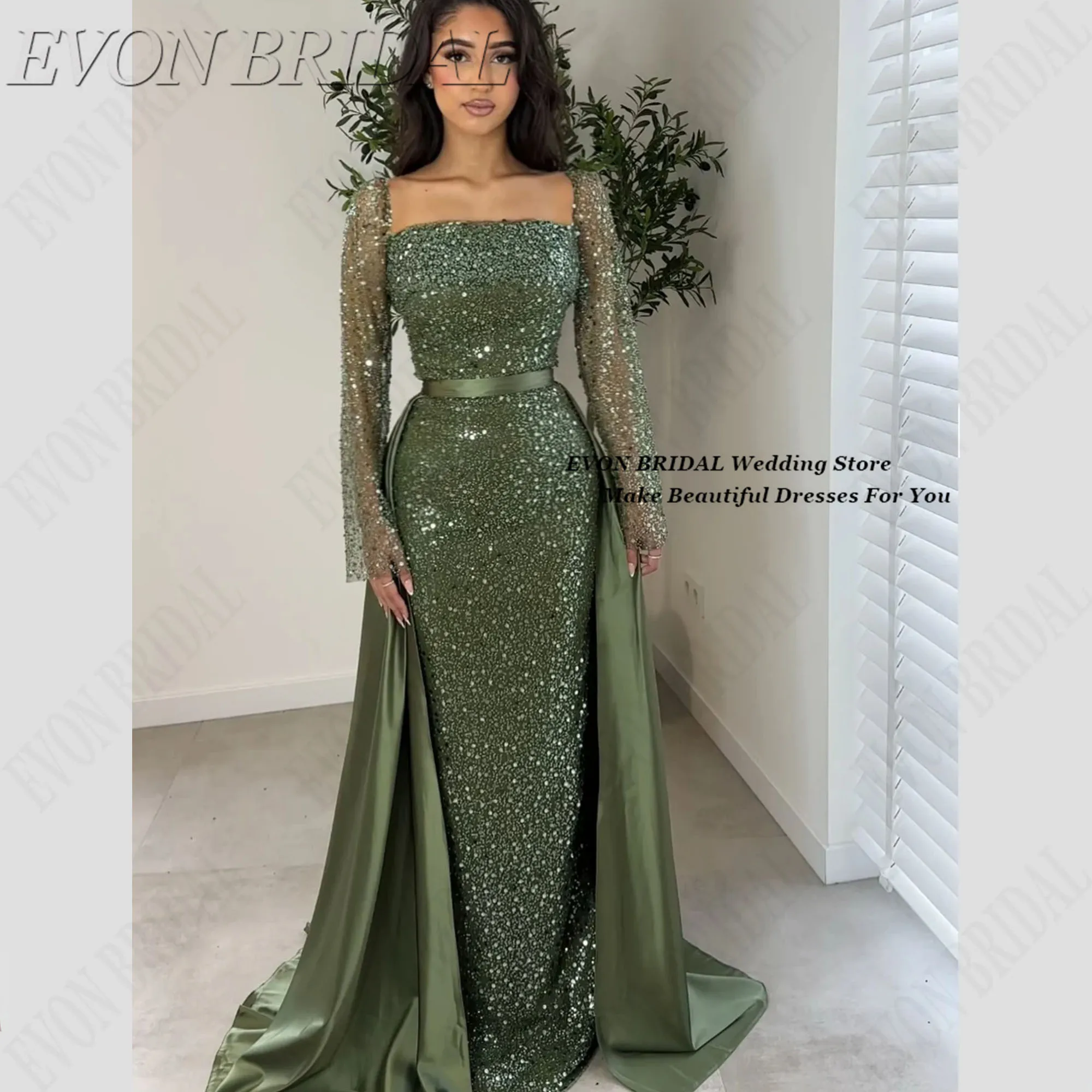 

Оливково-зеленое роскошное вечернее платье для женщин с блестящим квадратным вырезом, платье для выпускного с пайетками, индивидуальный пошив, платье-русалка для вечеринок EVON BRIDAL Оливково-зеленое роскошное вечерне